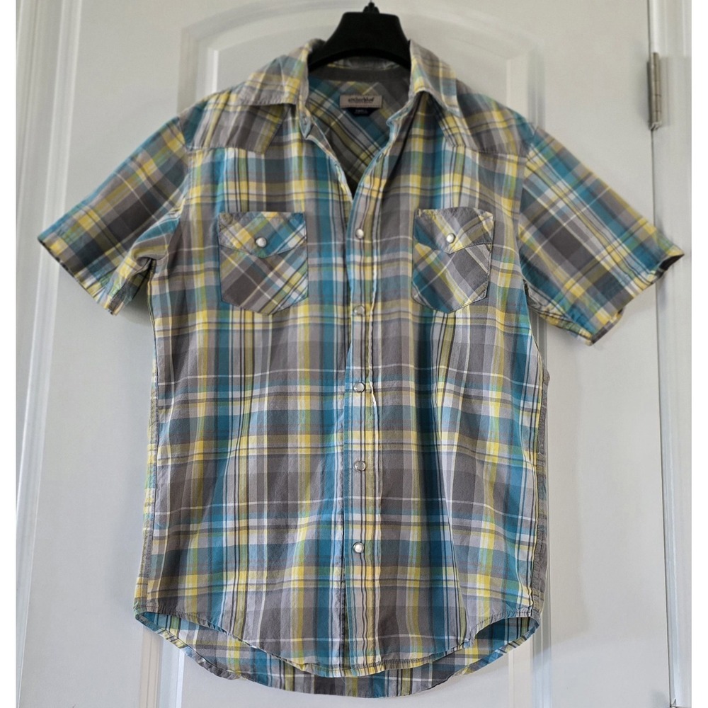 Vtg Anchor Blue Western Pearl Snap Plaid Short Sleeve Shirt Men's Size S